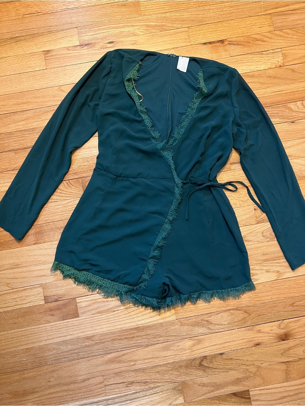 Japna Dark Green Lace-Trim Wrap Romper